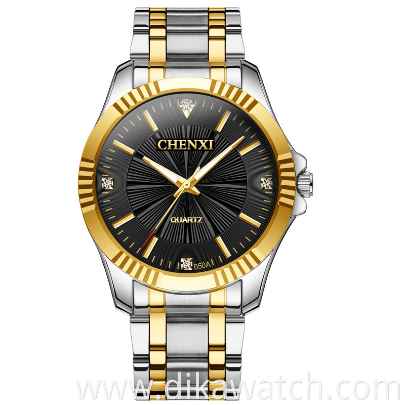 CHENXI New Men Women Quartz Couple Watch Fashion Waterproof Stainless Steel Watch Golden Luxury Wristwatch 050A